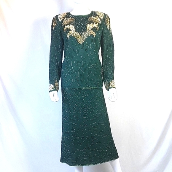 Vintage 80s Laurence Kazar Green & Gold Silk Beaded Sequined 2 Piece For… - Picture 1 of 16